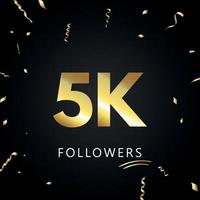 5k ou 5 mil seguidores com confetes de ouro isolados em fundo preto. modelo de cartão de saudação para amigos de redes sociais e seguidores. obrigado, seguidores, conquista. vetor