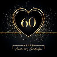 Celebração de aniversário de 60 anos com coração de ouro e glitter dourados em fundo preto. desenho vetorial para saudação, festa de aniversário, casamento, festa do evento. logotipo de aniversário de 60 anos vetor
