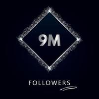 9m com glitter prata isolado em um fundo azul marinho. modelo de cartão para redes sociais gosta, assinantes, comemorando, amigos e seguidores. 9 milhões de seguidores vetor