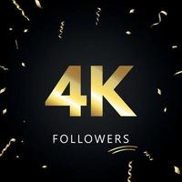 4k ou 4 mil seguidores com confetes de ouro isolados em fundo preto. modelo de cartão de saudação para amigos de redes sociais e seguidores. obrigado, seguidores, conquista.