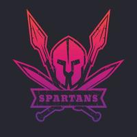 espartanos, logotipo, distintivo, design de camiseta com capacete espartano, espadas cruzadas e duas lanças vetor
