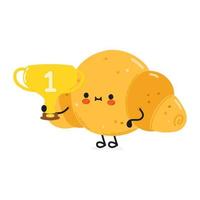 bonito croissant engraçado segurar a taça do troféu de ouro. vetor mão desenhada ícone de ilustração de personagem kawaii dos desenhos animados. isolado no fundo branco. croissant com taça de troféu vencedor