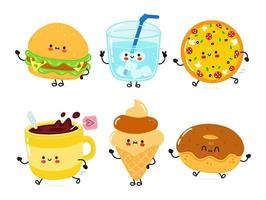 conjunto de personagens de fast food feliz engraçado. ilustração de personagem de desenho animado kawaii de mão desenhada. fundo branco isolado. sanduíche bonito, copo de água, pizza, xícara de chá, sorvete, rosquinha de chocolate vetor