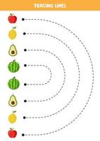 linhas de rastreamento para crianças. frutas fofas de desenho animado. prática da escrita. vetor