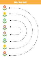 linhas de rastreamento para crianças. lindas flores coloridas. prática da escrita. vetor