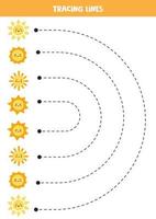 linhas de rastreamento para crianças. sóis bonitos. prática da escrita. vetor