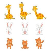 conjunto de animais fofos de coelho girafa e urso na versão cartoon vetor