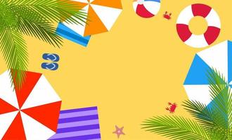 design plano de fundo de verão em fundo amarelo. cartaz de férias de verão. ilustração vetorial de verão com guarda-chuva, anel de natação, bola, folha de palmeira, sandália, estrela do mar, caranguejo vetor