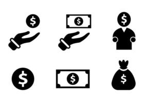conjunto de ícones de finanças simples. contêm ícone como saco de dinheiro, dólar, dinheiro na mão, pessoas. vetor