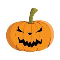 design de abóbora de halloween com uma cara de diabo assustador em um fundo branco. ilustração vetorial de abóbora para evento de halloween com cor laranja e verde. figurino de halloween. vetor