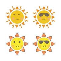 adesivo de sol com forma redonda e cor amarela, laranja. sol bonito com rosto sorridente e óculos de sol legais. raio de sol vermelho saindo do desenho vetorial do sol. coleção de adesivos de mídia social de vetor de sol.