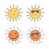 adesivo de sol com uma forma redonda e cor laranja, vermelha. sol bonito com rosto sorridente e óculos de sol legais. raio de sol saindo do desenho vetorial do sol. coleção de adesivos de mídia social de vetor de sol.