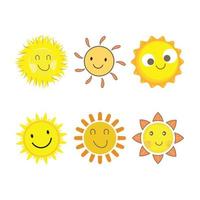 adesivo de sol com forma redonda e cor amarela. sol bonito com rosto sorridente e olhos frios. raio de sol saindo do desenho vetorial do sol. 6 coleção de adesivos de mídia social de vetor de sol.