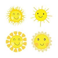 lindo adesivo de sol com forma redonda e cor amarela, laranja. sol bonito com rosto sorridente. raio de sol laranja saindo do desenho vetorial do sol. coleção de adesivos de mídia social de vetor de sol.