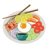 ilustração vetorial de comida asiática com salada. conceito de comida asiática com molho de soja e sushi. salada verde de legumes e cebola. vetor