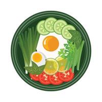 desenho vetorial de vegetais com ovo escalfado, salada de legumes com ovo cozido e tomate, vetor de salada de legumes com limão e pepino.