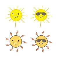 adesivo de sol com forma redonda e cor amarela e laranja. sol muito fofo com um rosto sorridente e óculos de sol legais. raio de sol saindo do desenho vetorial do sol. coleção de adesivos de mídia social de vetor de sol.