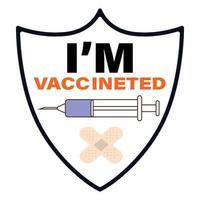 estou vacinado com ilustração vetorial de efeito de texto. elemento de campanha de vacinação em um fundo branco. vetor de seringa e curativo em forma de escudo.