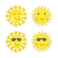sol bonito com rosto sorridente e óculos de sol legais. raio de sol saindo do desenho vetorial do sol. adesivo de sol com forma redonda e cor amarela. coleção de adesivos de mídia social de vetor de sol.