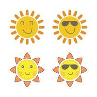 adesivo de sol com forma redonda e cor amarela. sol bonito com rosto sorridente e óculos de sol legais. raio de sol de cor laranja saindo do desenho vetorial do sol. coleção de adesivos de mídia social de vetor de sol.