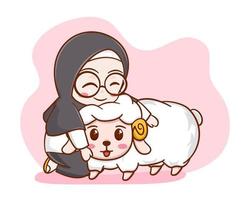 uma linda garota abraçando uma ovelha no personagem de desenho animado eid al adha vetor