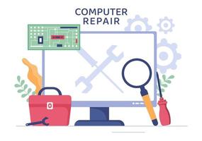 reparo de computador ou ilustração de desenho plano de serviço com eletrônica de reparador de ferramentas para centro de recuperação de dados e falha no pc vetor