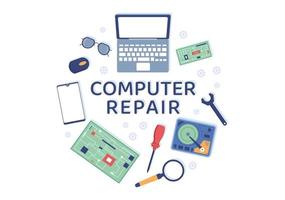 reparo de computador ou ilustração de desenho plano de serviço com eletrônica de reparador de ferramentas para centro de recuperação de dados e falha no pc vetor