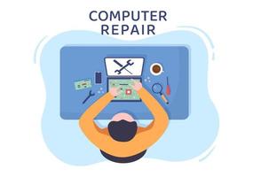 reparo de computador ou ilustração de desenho plano de serviço com eletrônica de reparador de ferramentas para centro de recuperação de dados e falha no pc vetor