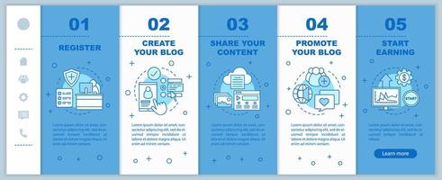 blogging onboarding modelo de vetor de páginas da web móvel. hum. negócios de mídia social. ideia de interface de site de smartphone responsivo com ilustrações lineares. conceito de telas de passo passo a passo de página da web