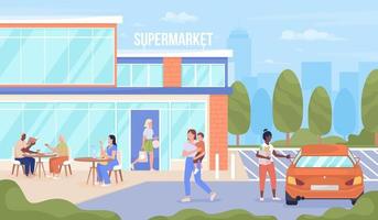 pessoas que visitam a ilustração vetorial de cor plana de supermercado urbano vetor