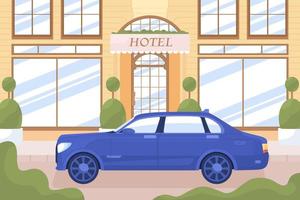 carro de luxo perto do edifício do hotel na rua da cidade ilustração vetorial de cor plana vetor