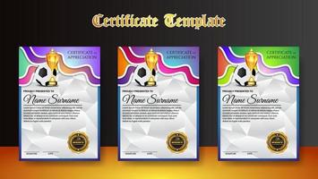 diploma de certificado de jogo de futebol com vetor definido de taça de ouro. futebol. modelo de prêmio esportivo. projeto de conquista