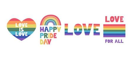 mês do orgulho lgbt em junho. um conjunto com um coração, uma bandeira, um arco-íris e inscrições. amor é conceito de amor. imagem vetorial para cartazes, cartões postais vetor