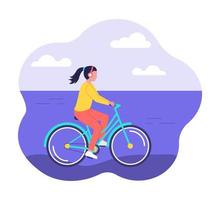 conceito de estilo de vida ativo saudável. mulher em fones de ouvido anda de bicicleta ao longo da praia, a costa. ilustração vetorial plana vetor