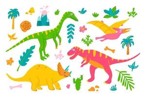 conjunto brilhante de dinossauros e plantas em fundo branco em estilo desenhado à mão, ilustração plana para crianças vetoriais vetor