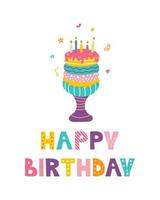 cartão de feliz aniversário, bolo colorido com inscrição de estilo doodle em fundo branco vetor