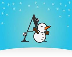 carta divertida e fofa uma decoração de homem de neve com fundo de inverno de flocos de neve vetor