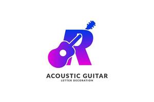 letra isolada r decoração de guitarra acústica na moda vetor de cores para logotipo de identidade de músico e elemento de título de festival ou concerto