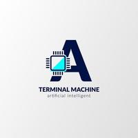 letra um logotipo do circuito. máquina terminal para tecnologia, gadget, inteligência artificial vetor