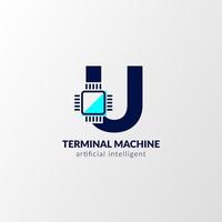 logotipo do circuito da letra u. máquina terminal para tecnologia, gadget, inteligência artificial vetor