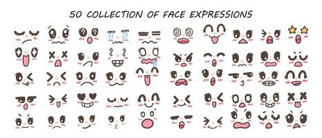 coleção de expressão facial, rostos de desenhos animados. olhos expressivos e boca, sorrindo, chorando e expressões de rosto de personagem surpresa vetor