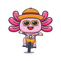 legal personagem de mascote de desenho animado axolotl passeio de moto em dia de verão vetor