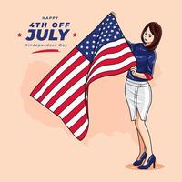 menina bonita feliz com a bandeira americana comemorando a ilustração vetorial do dia da independência download grátis vetor