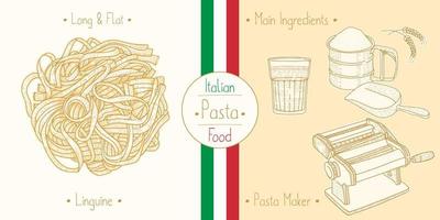 cozinhar macarrão linguine de comida italiana e principais ingredientes e equipamentos de fabricantes de massas, esboçar ilustração em estilo vintage vetor