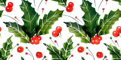 padrão sem emenda de aquarela de azevinho de Natal. folhas verdes e frutas vermelhas de inverno. decoração de azulejos para saudações e convites fofos de natal e ano novo vetor