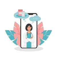 consulta médica. consulta on-line. tecnologia de saúde moderna. hospital. jovem personagem feminina médica ou ginecologista na tela do smartphone. vetor