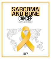 conceito de mês de conscientização de câncer de sarcoma. modelo de banner com fita amarela, texto e mapa do mundo. ilustração vetorial. vetor