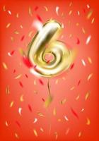 balão de ouro festivo seis 6 dígitos e confetes de folha em fundo vermelho de gala vetor