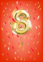 balão de ouro festivo oito 8 dígitos e confetes de folha em fundo vermelho de gala