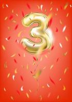 balão de ouro festivo três 3 dígitos e confetes de folha em fundo vermelho de gala vetor